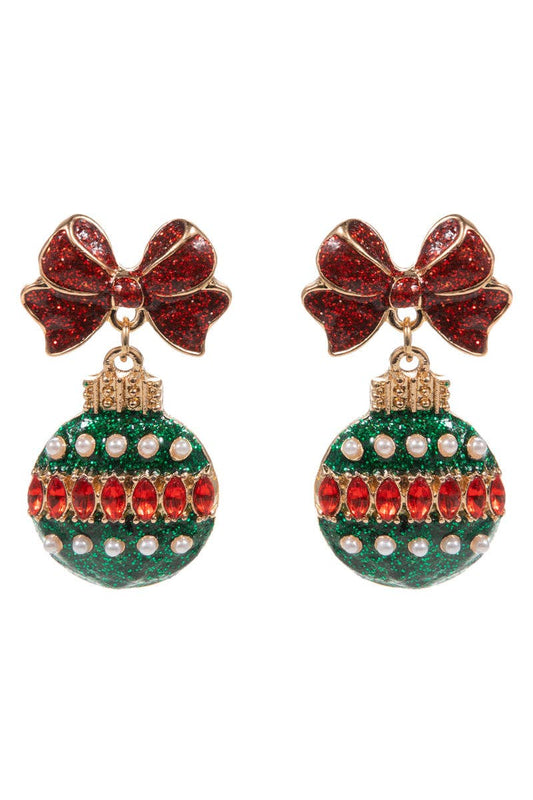 Red and Green Rhinestone Bow and Ornament Christmas 1.5" Earring