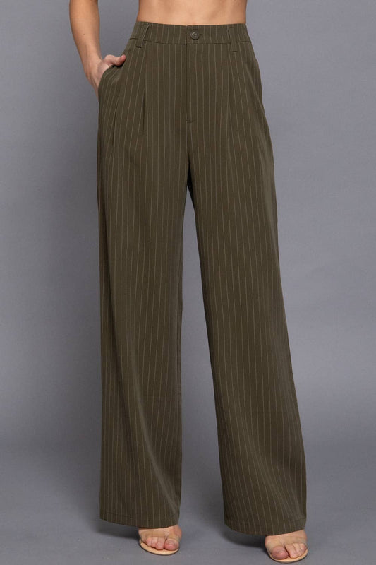 Pin Stripe Woven Straight Pants - Olive