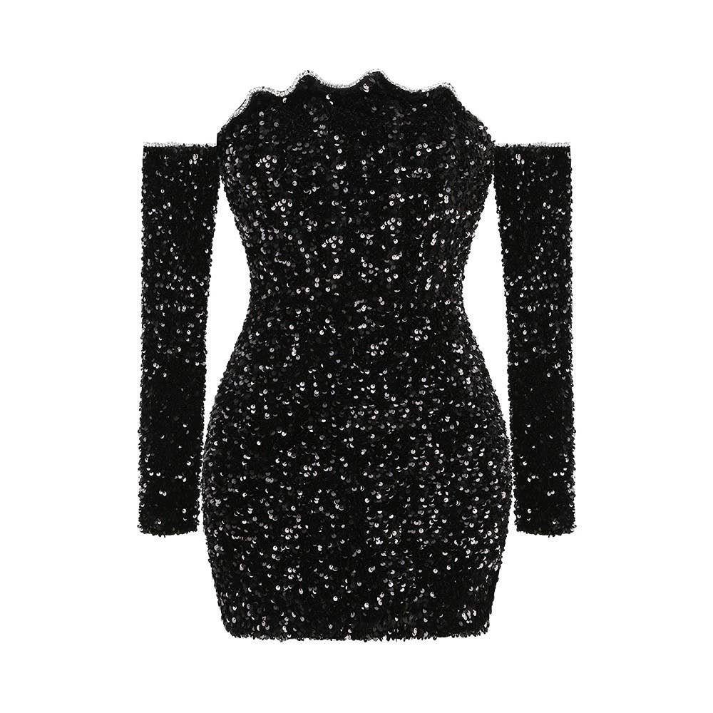 Sparkling Sequin One-Shoulder Long Sleeve Party Dress