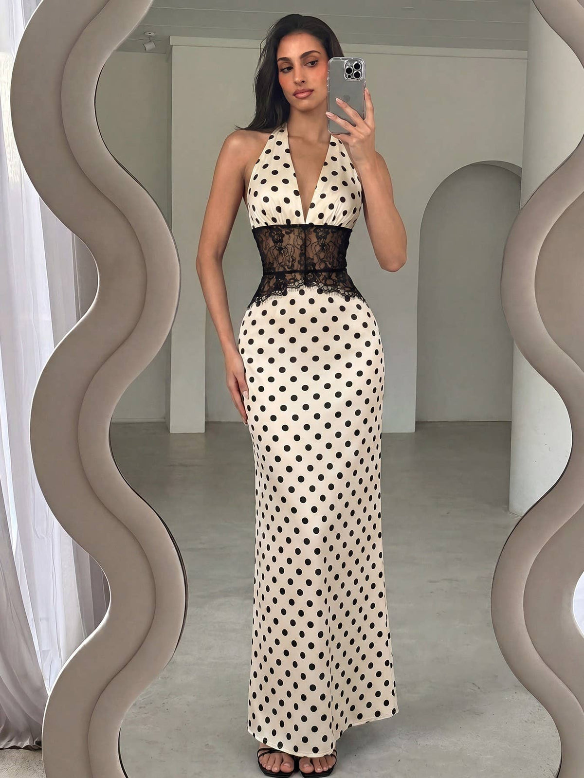Vintage Polka Dot Backless Maxi Dress