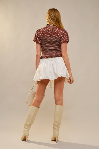 Polka Dot Smocked Mock Neck Top