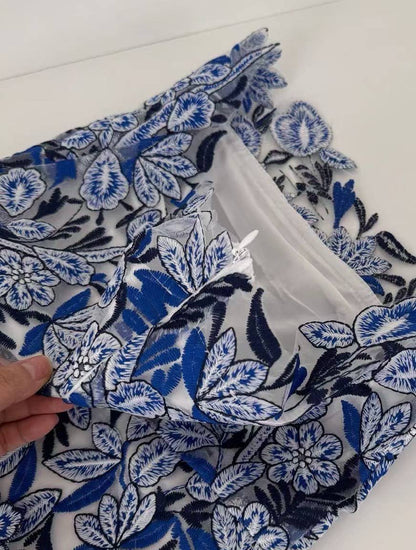 Lace Embroidery Short Tube Dress with Blue Contrast