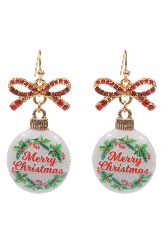 Red Bow with Merry Christmas Ornament 2" Christmas Earring