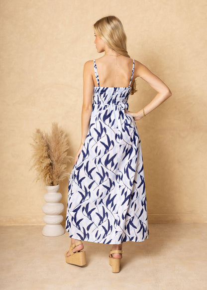 Blue Leaves Print Cotton Maxi Dress