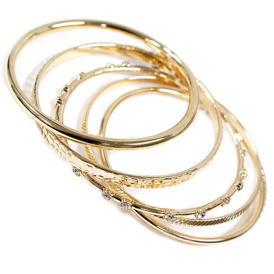 Set of 5 Thin Textured Gold Bangle Bracelets