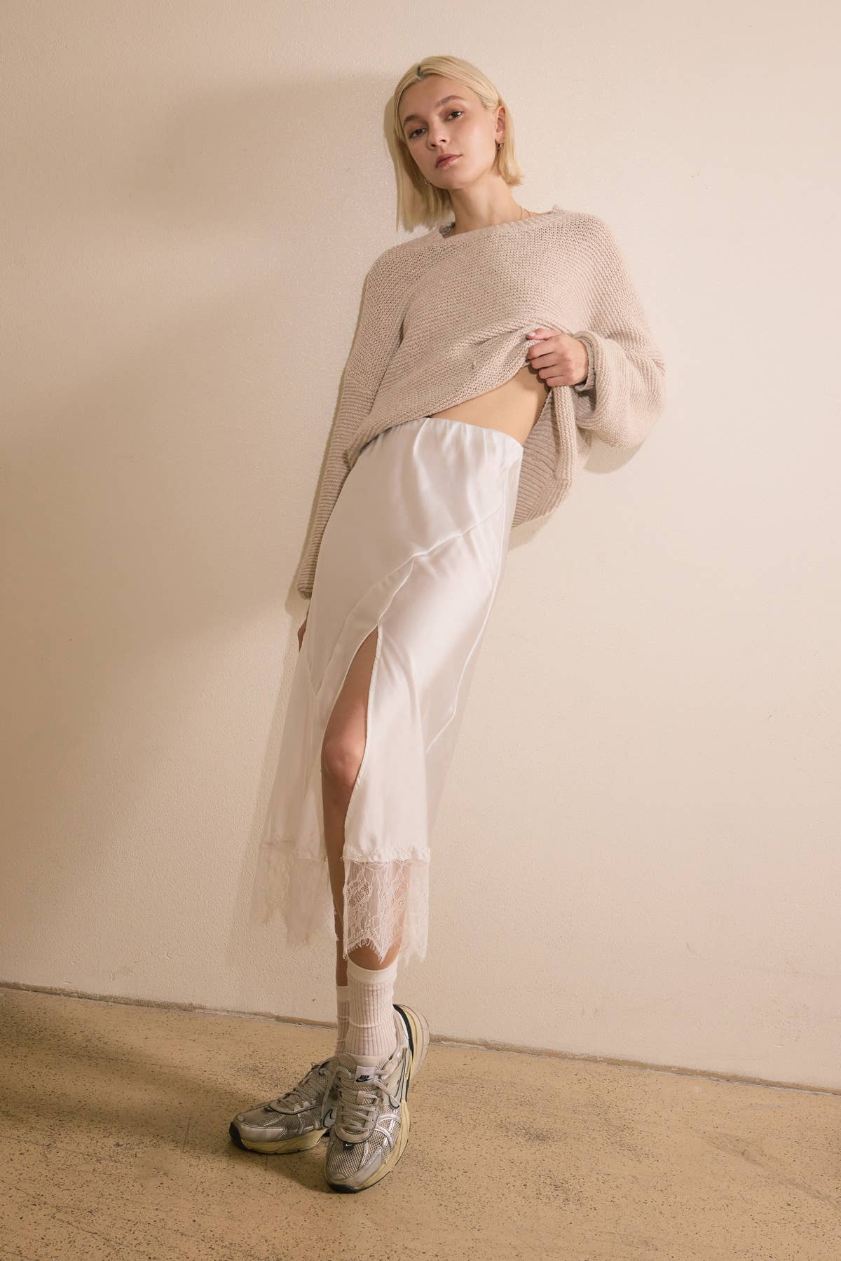 Lace Trim Satin effect Comfy Slit Midi Skirt