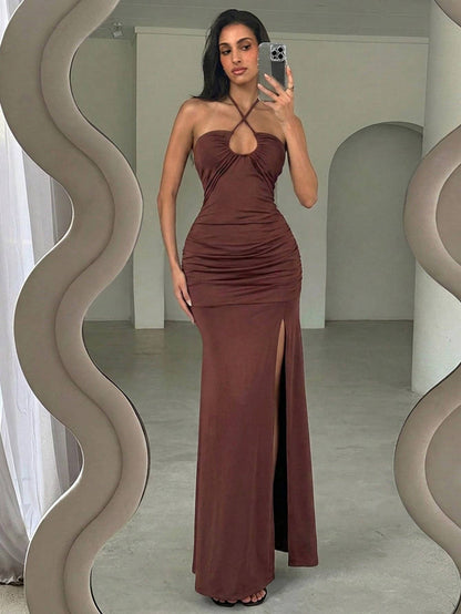 Brown Elegant Strap Maxi Dress with High Slit