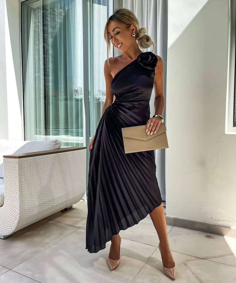 Asymmetric Shoulder Pleated Gown