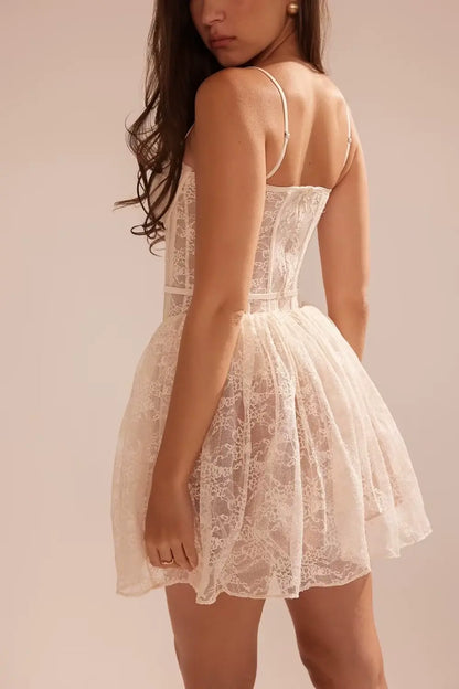 Ivory floral-lace corset mini dress for women