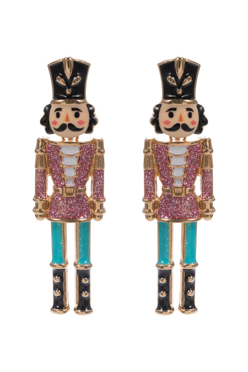 Pink Metal Color Coated Nutcracker 2" Christmas Earring
