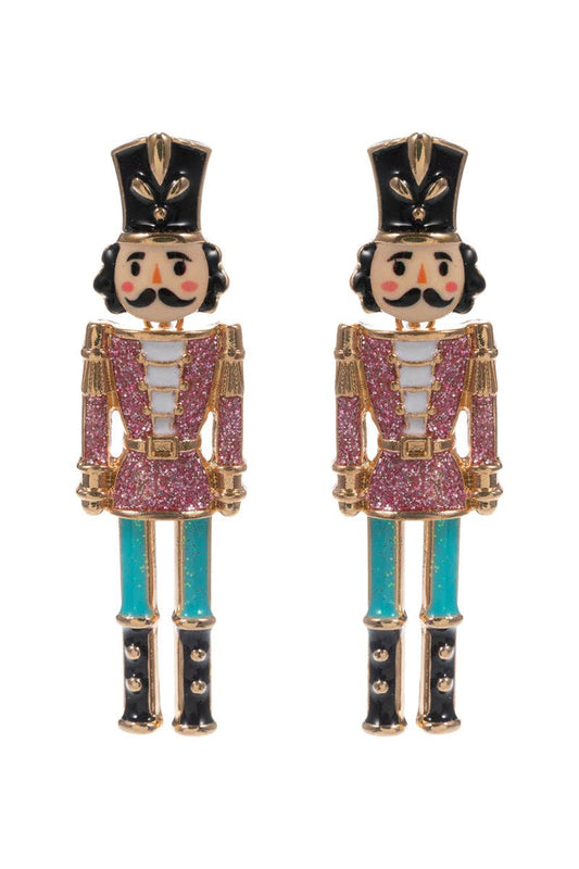 Pink Metal Color Coated Nutcracker 2" Christmas Earring