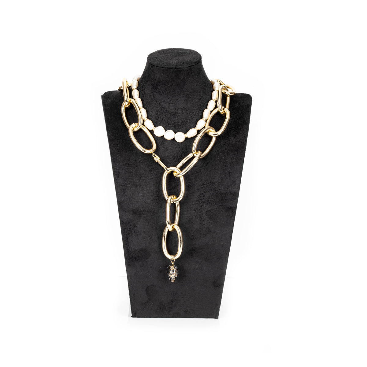 Gold Chain & Pearl Necklace with Crystal Drop Pendant