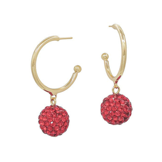 Christmas Gold Hoop with Red Rhinestone Ball Drop 1.5" Earring