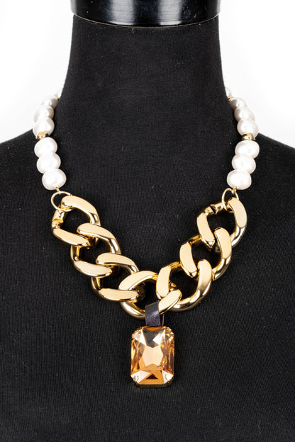 Gold Chain & Pearl Necklace with Amber Crystal Pendant