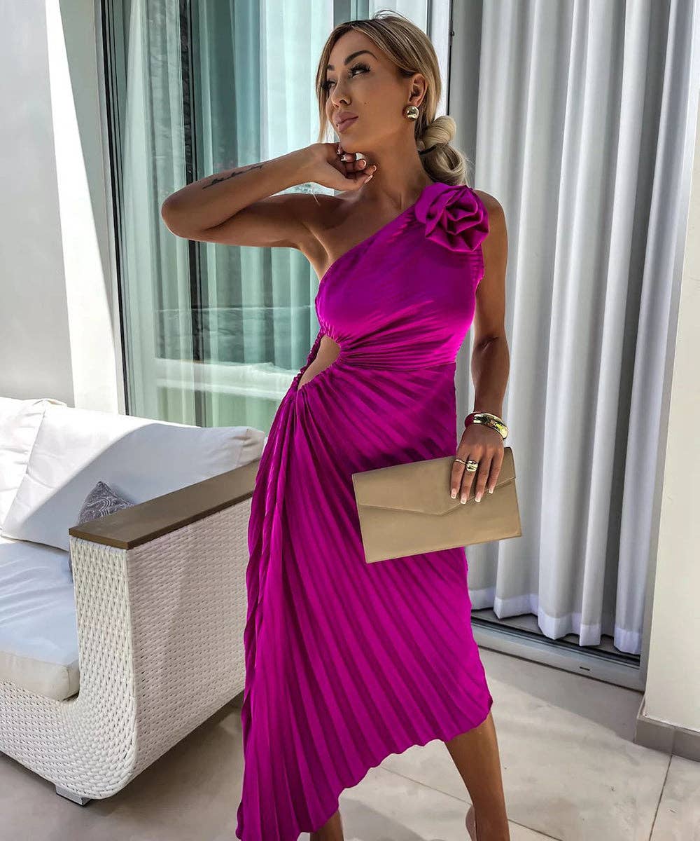 Asymmetric Shoulder Pleated Gown