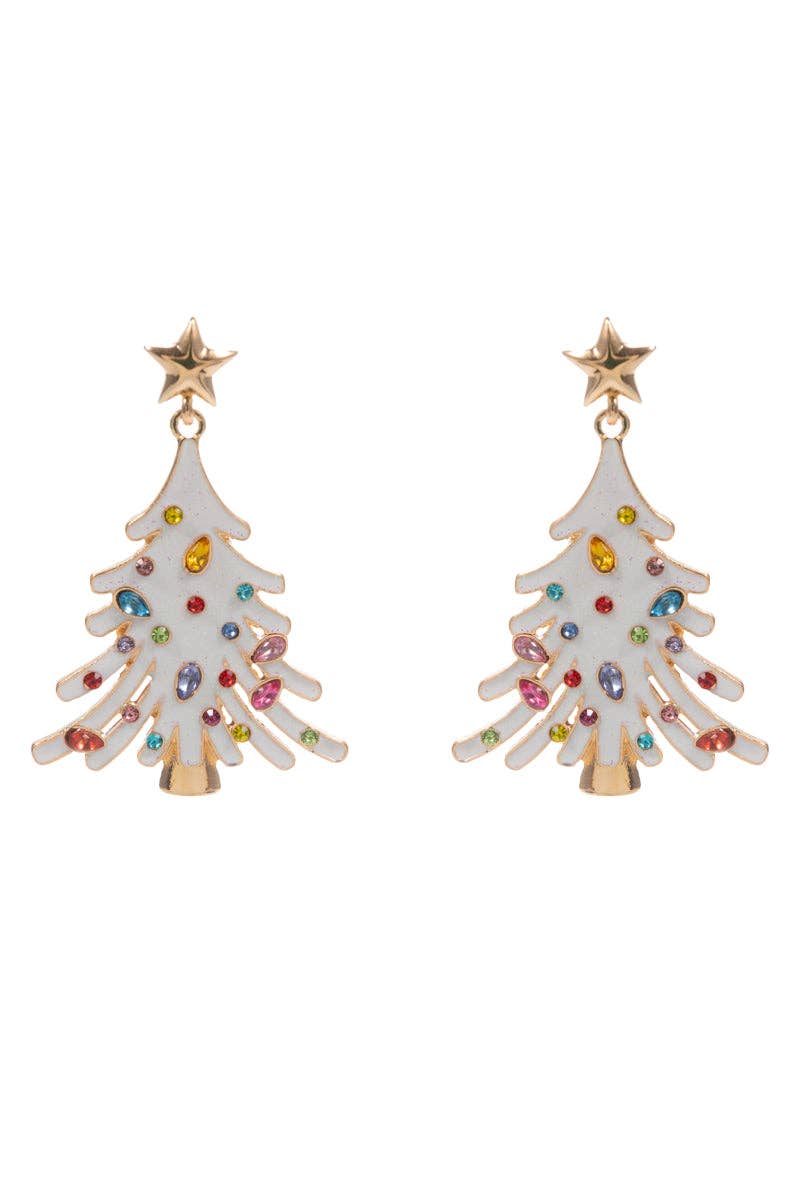 White Enamel Christmas Tree with Rhinestones 2" Earring