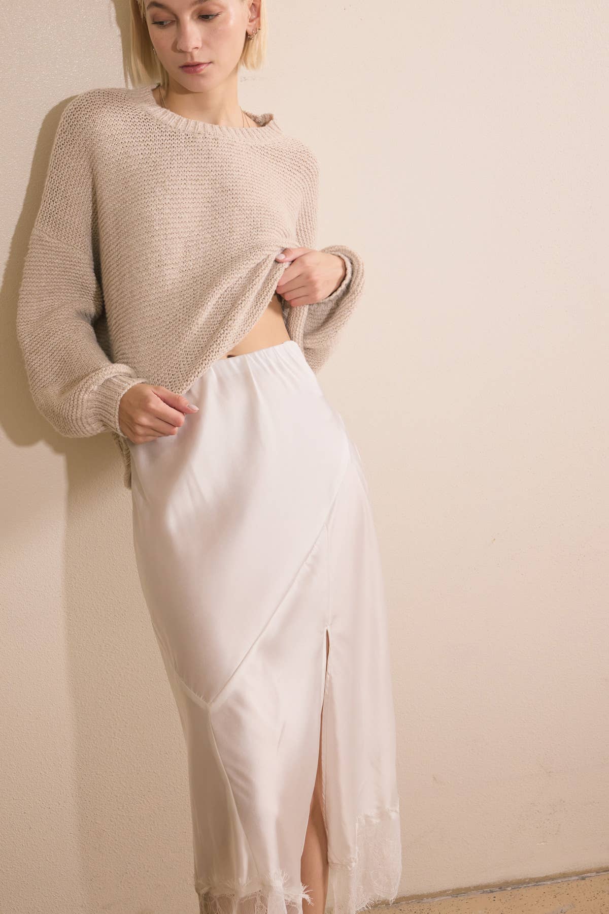 Lace Trim Satin effect Comfy Slit Midi Skirt