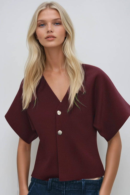 Short Sleeve Fine Knit with Gold Buttons