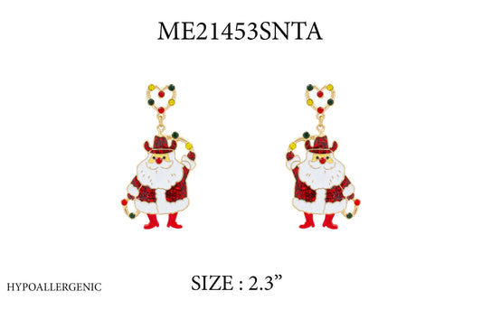 Color Coated Metal Christmas Cowboy Santa 2.3" Earring