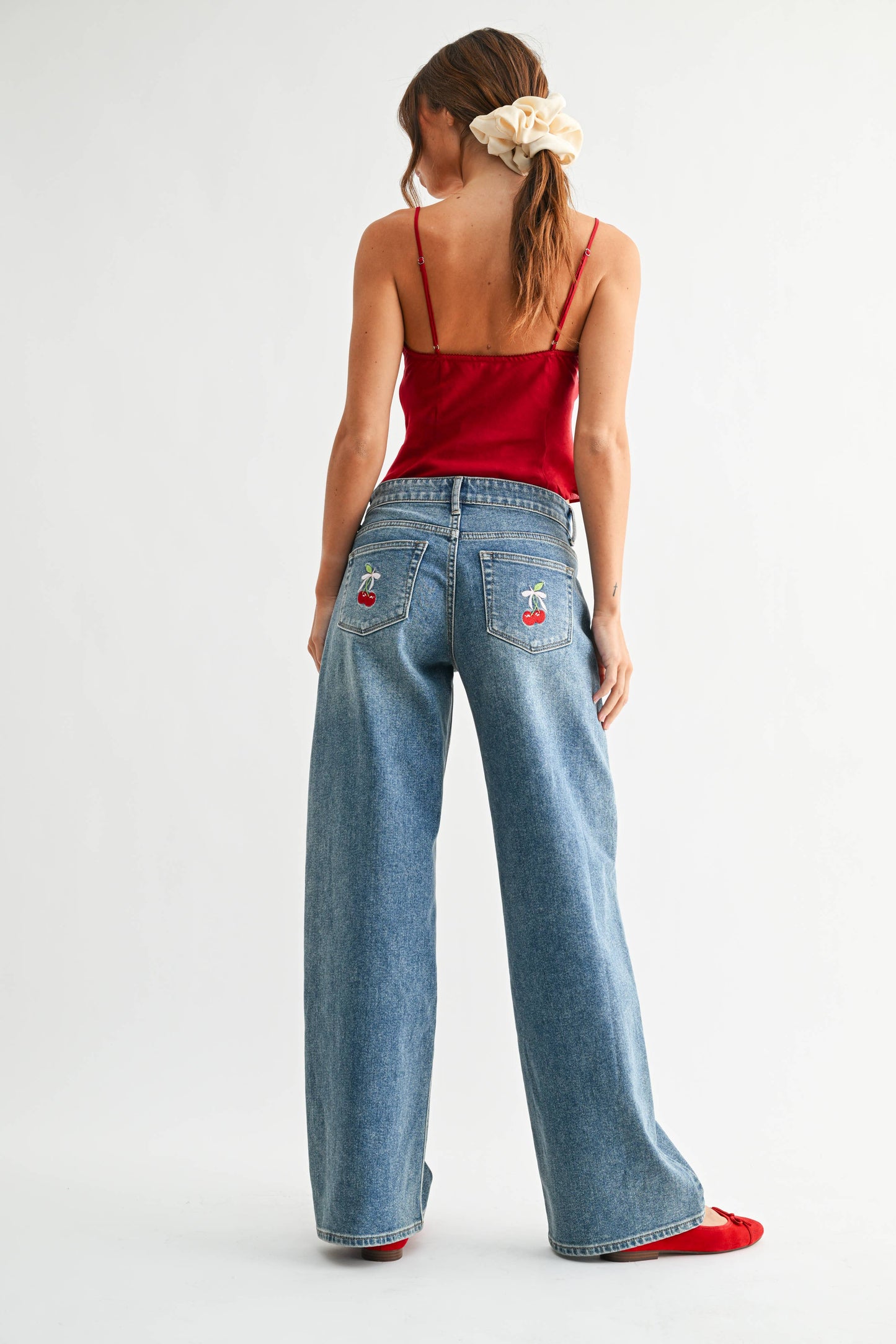 Wide Leg W/ Cherry Embroidery