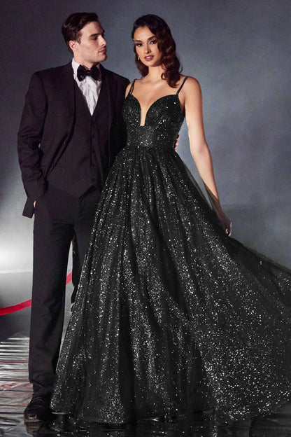 LAYERED GLITTER BALL GOWN: 6 / Black