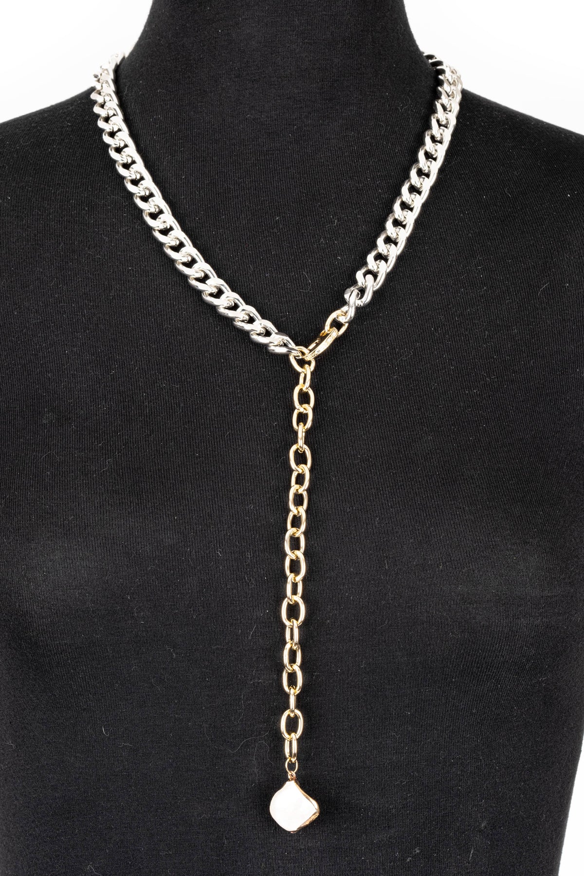 Two-Tone Chain Necklace with Pearl Drop