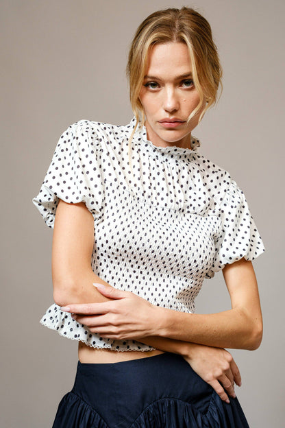 Polka Dot Smocked Mock Neck Top