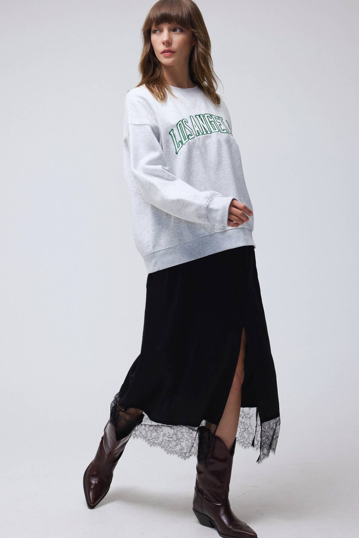 Lace Trim Satin effect Comfy Slit Midi Skirt