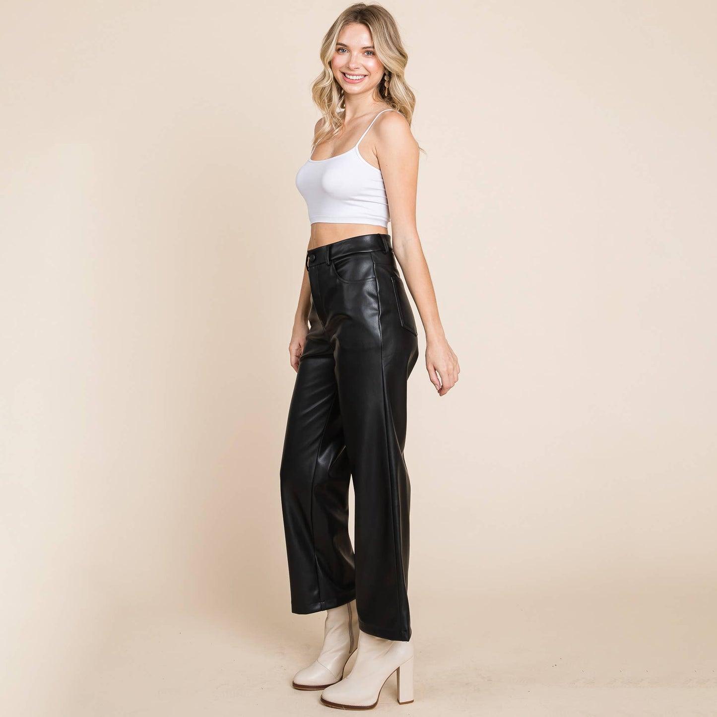 Wide Leg Fleece Faux Leather Pants