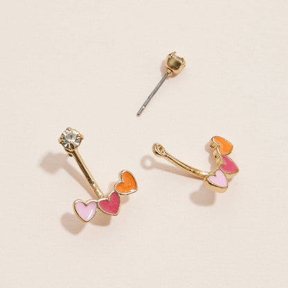 Heart Ear Jacket Enamel Earrings with Crystal Studs