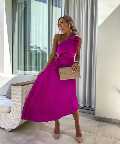 Asymmetric Shoulder Pleated Gown