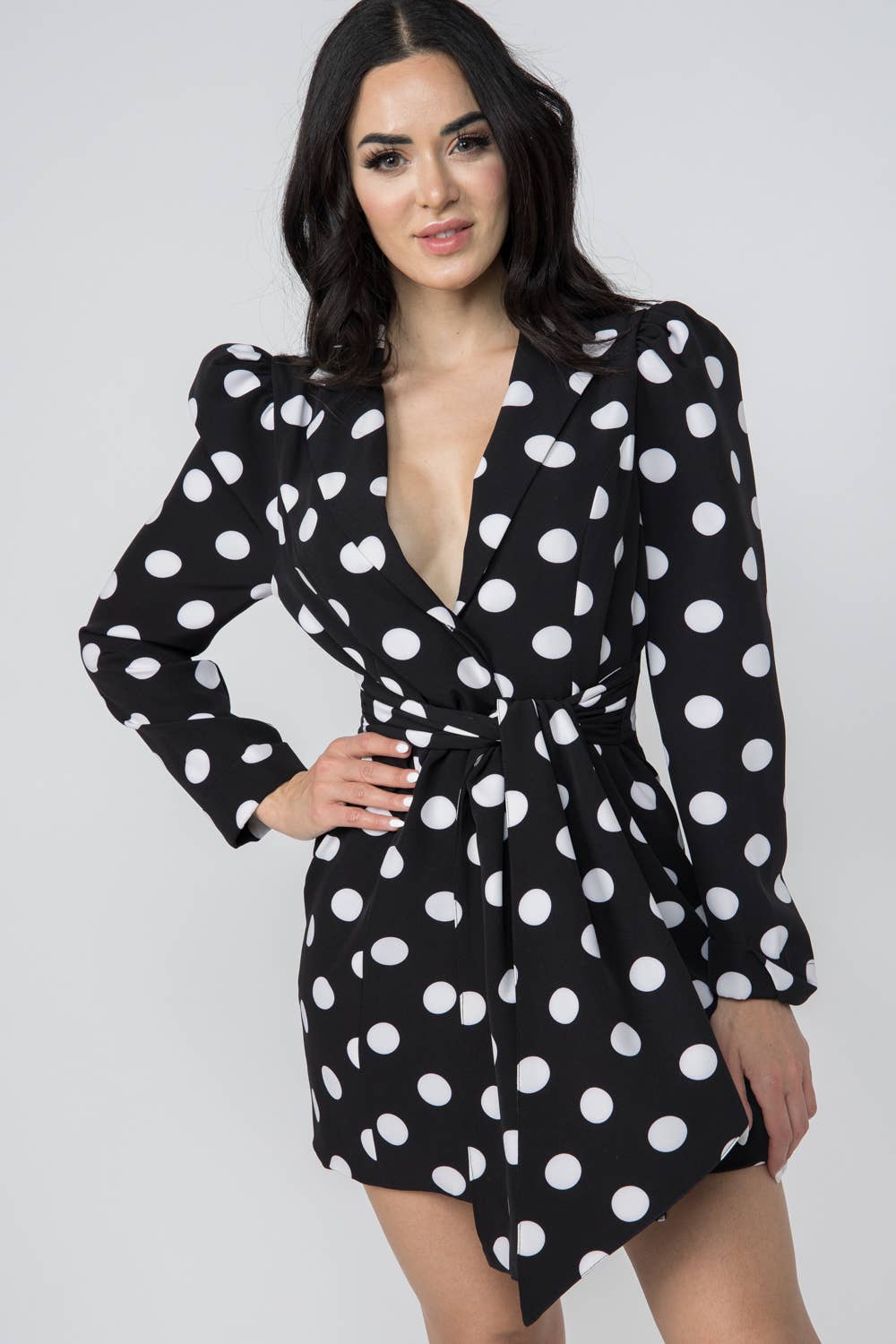 Polka Dot Front Tie Puff Sleeve Mini Dress