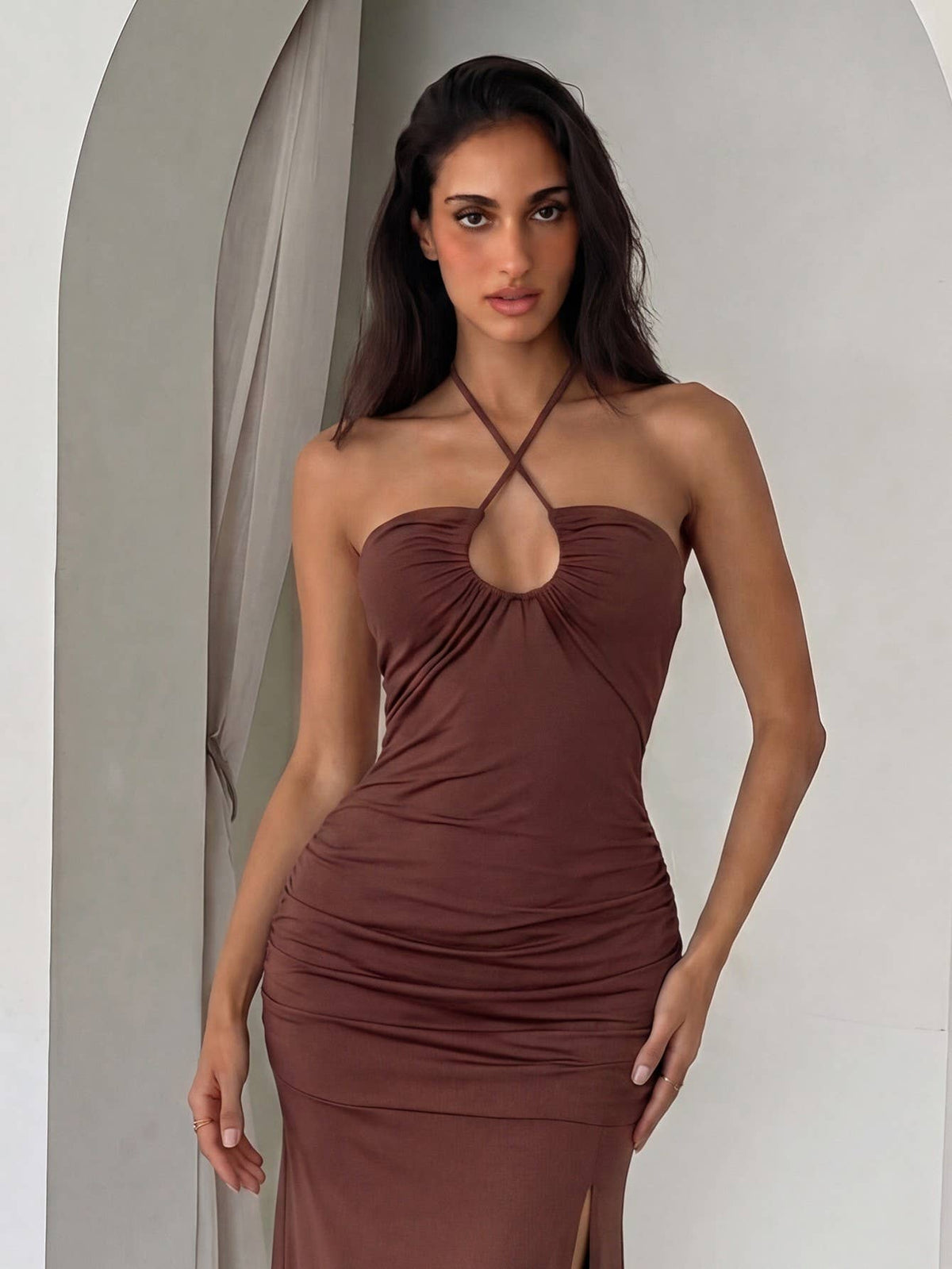 Brown Elegant Strap Maxi Dress with High Slit