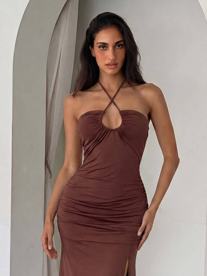 Brown Elegant Strap Maxi Dress with High Slit