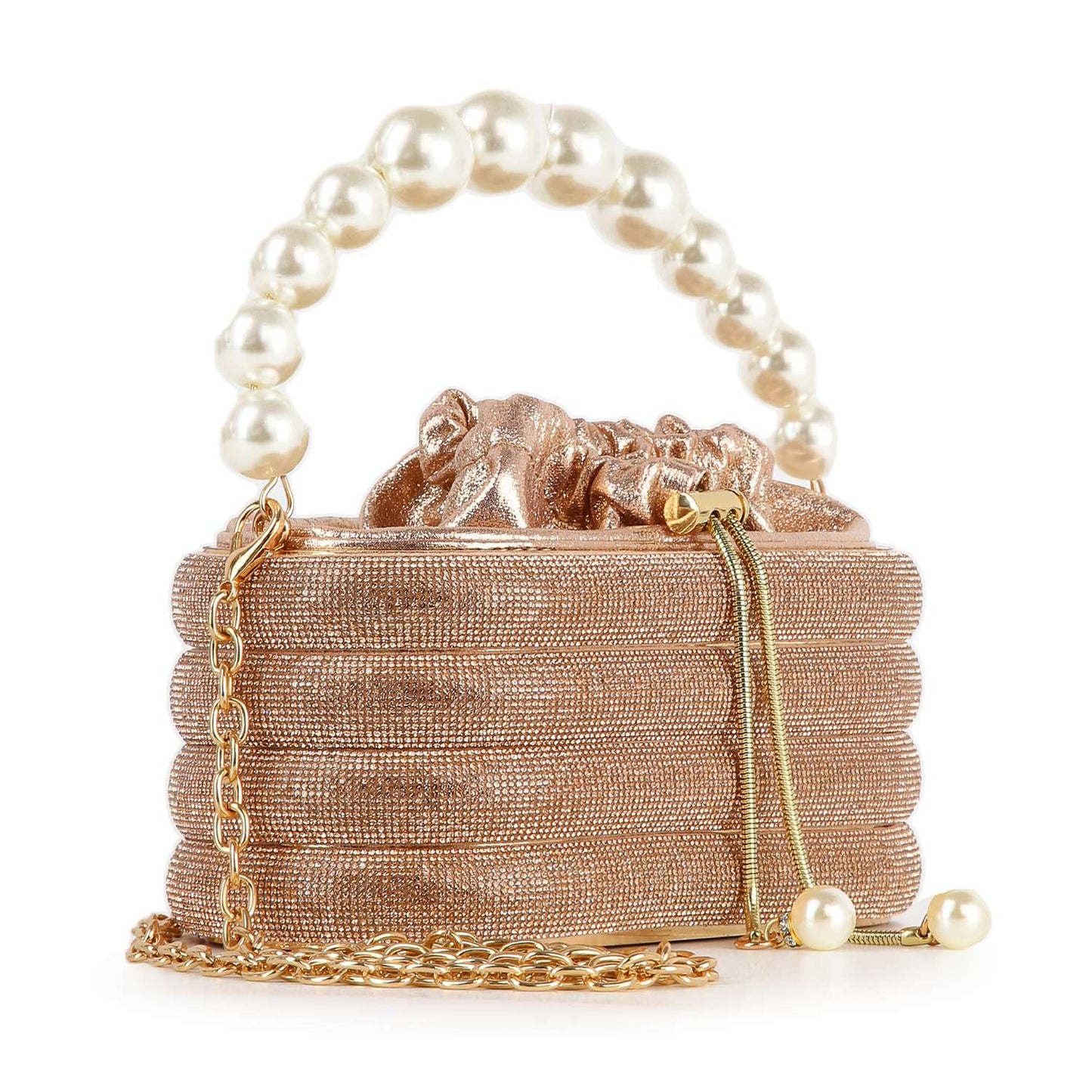 Pearl Accented Striped Rhinestone Evening Bag