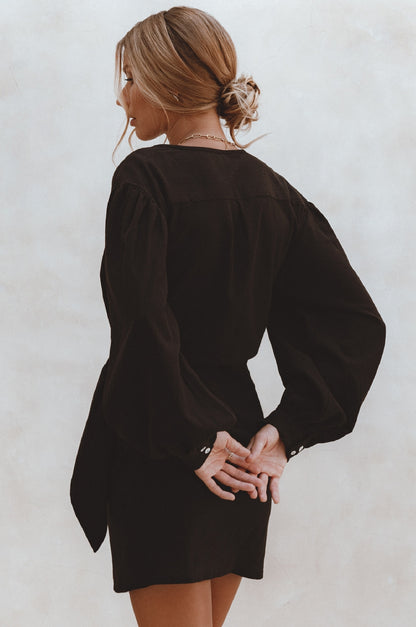 Ti Amo Wrap Linen Mini Dress - Black