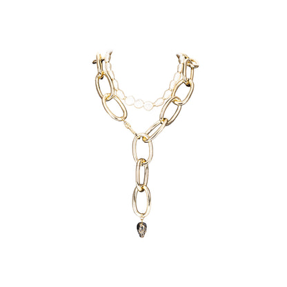 Gold Chain & Pearl Necklace with Crystal Drop Pendant