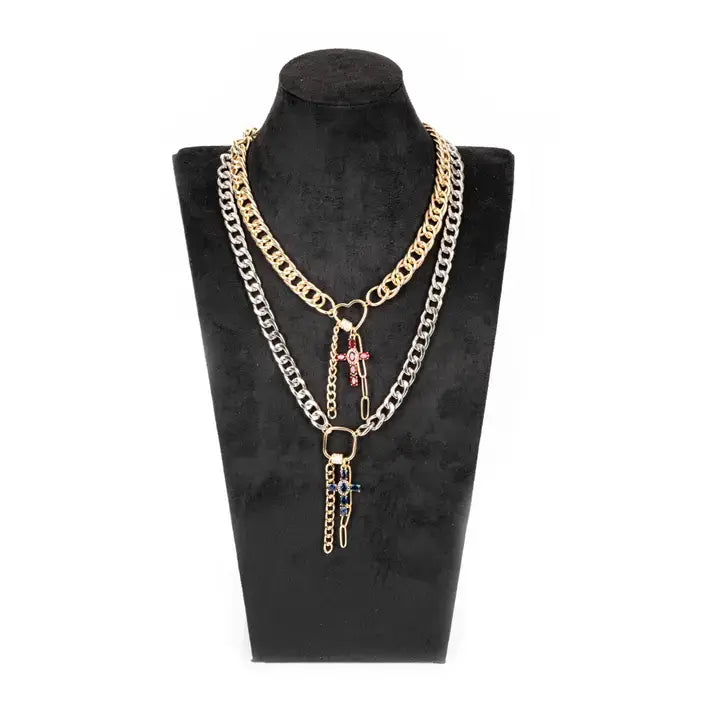 Mixed Metal Layered Necklace with Cross Charms Gold & Silver