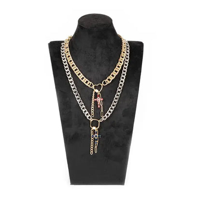 Mixed Metal Layered Necklace with Cross Charms Gold & Silver