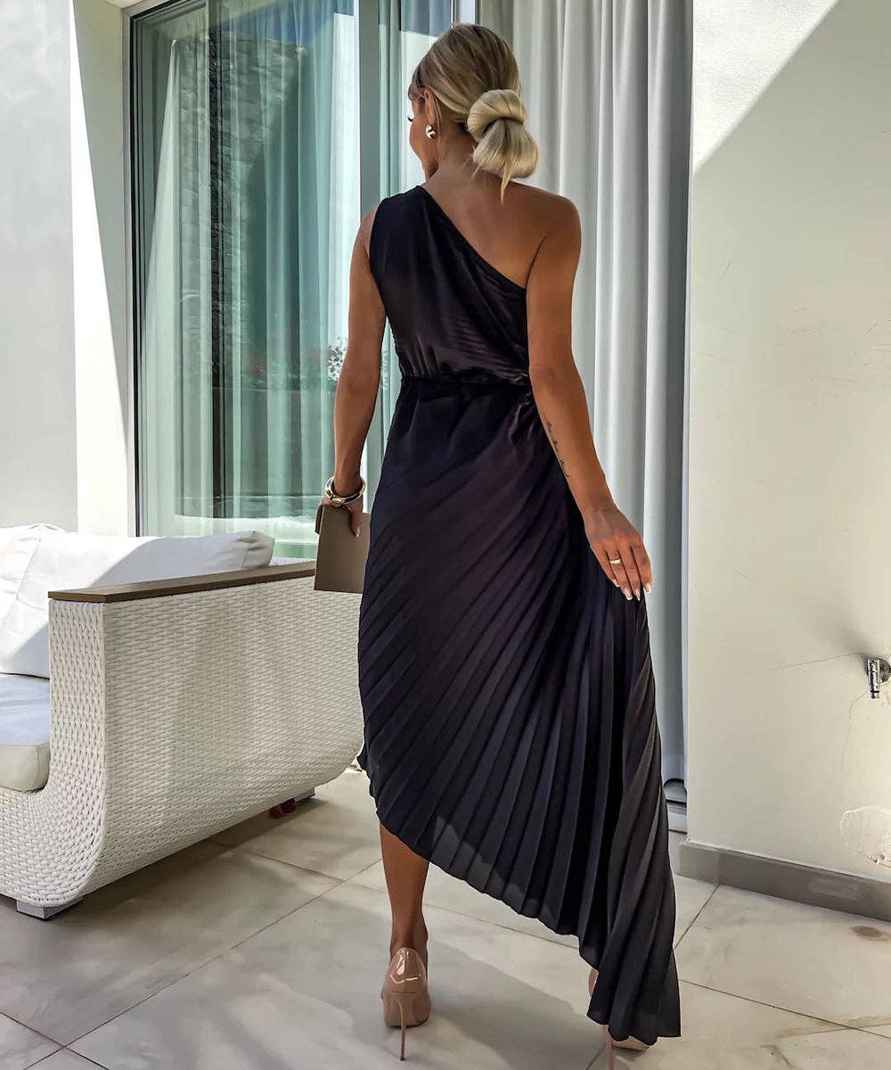 Asymmetric Shoulder Pleated Gown