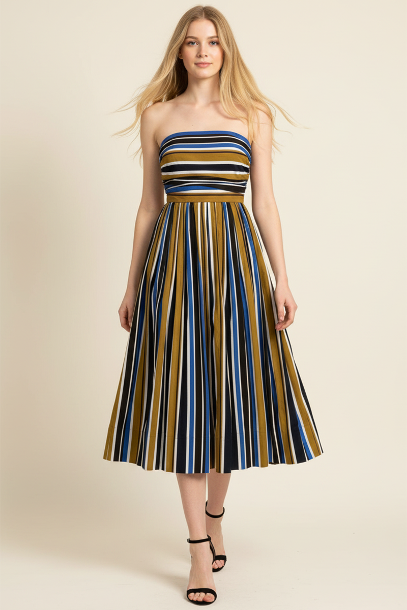 MULTI-COLOR STRIPE RUCHED TUBE MIDI DRESS - 6608DD