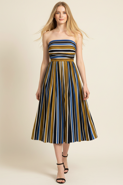 MULTI-COLOR STRIPE RUCHED TUBE MIDI DRESS - 6608DD