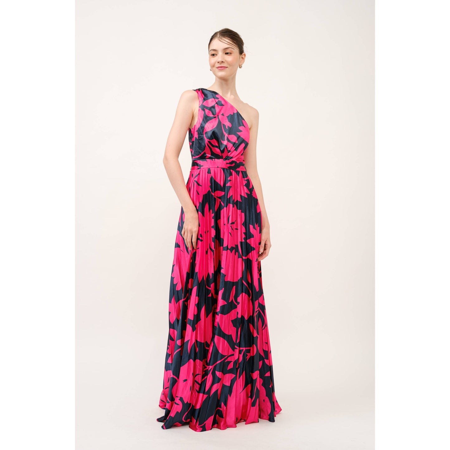 One Shoulder Satin Floral Print Pleated Maxi Dress