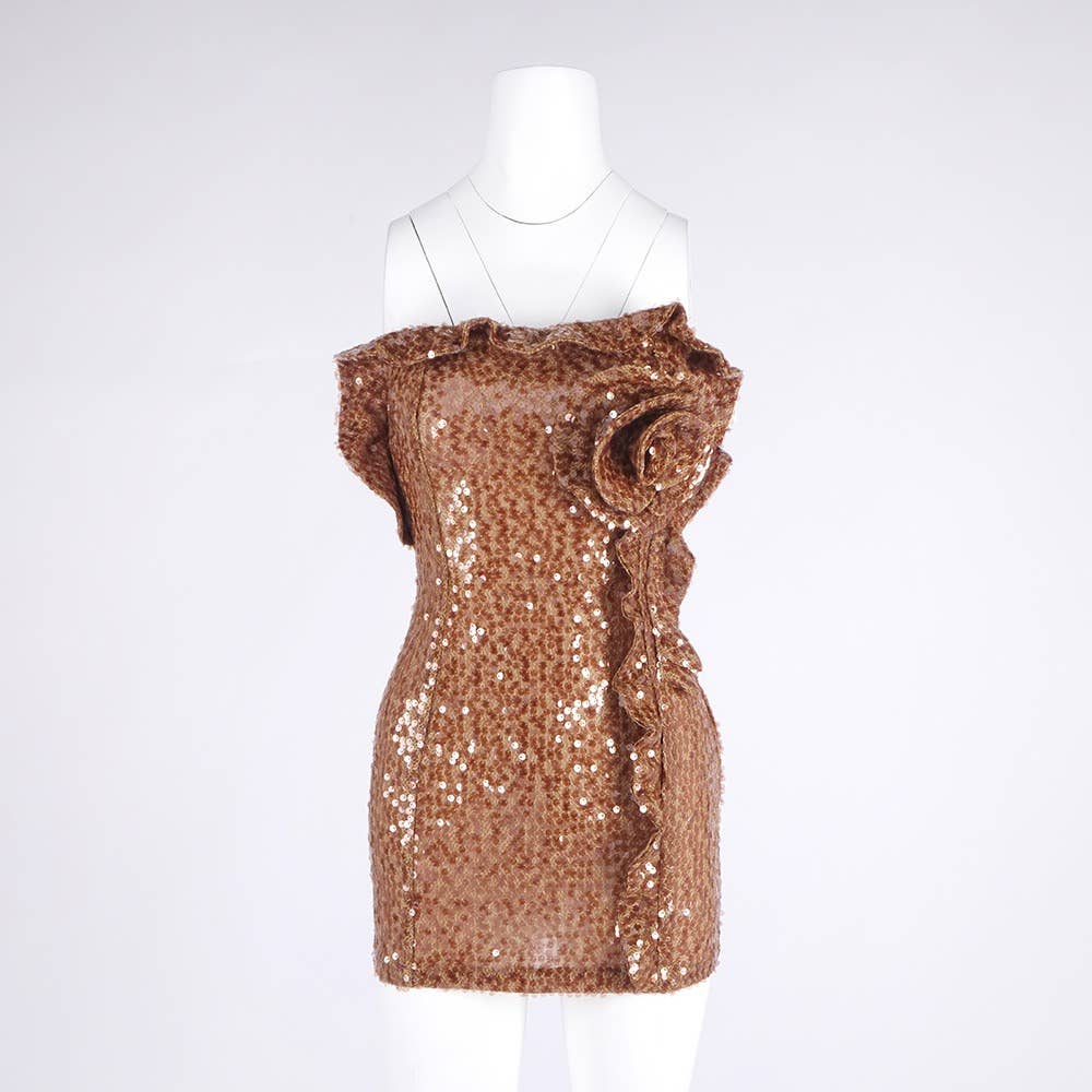3D Floral Sequin Strapless Ruffle Evening Dress