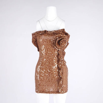 3D Floral Sequin Strapless Ruffle Evening Dress