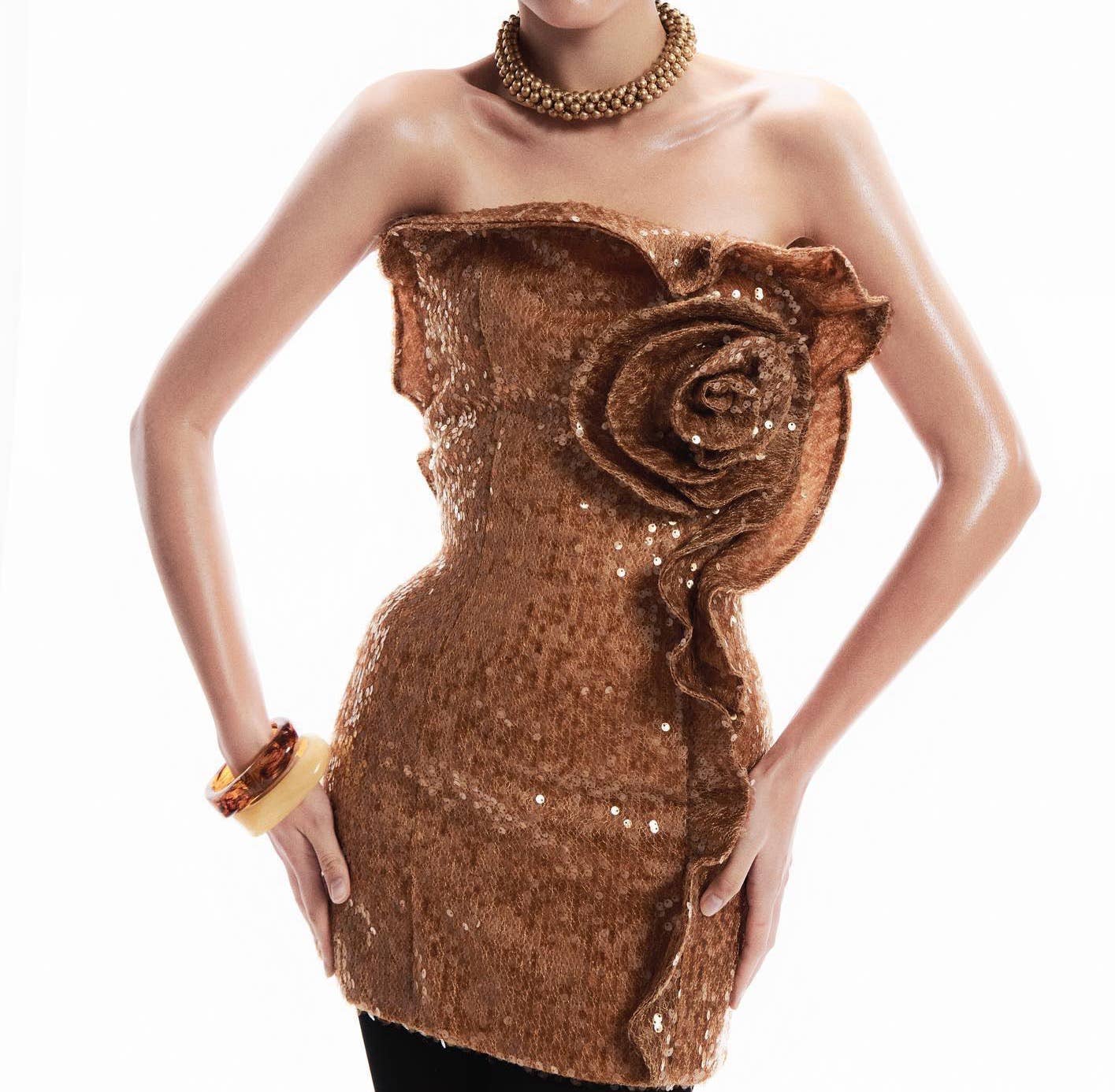 3D Floral Sequin Strapless Ruffle Evening Dress