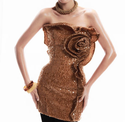 3D Floral Sequin Strapless Ruffle Evening Dress