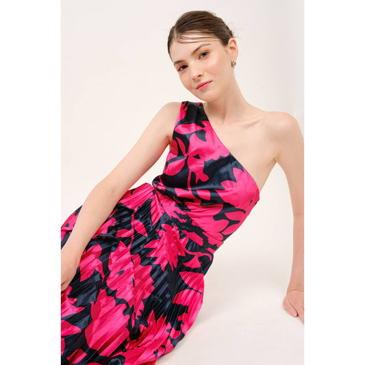 One Shoulder Satin Floral Print Pleated Maxi Dress