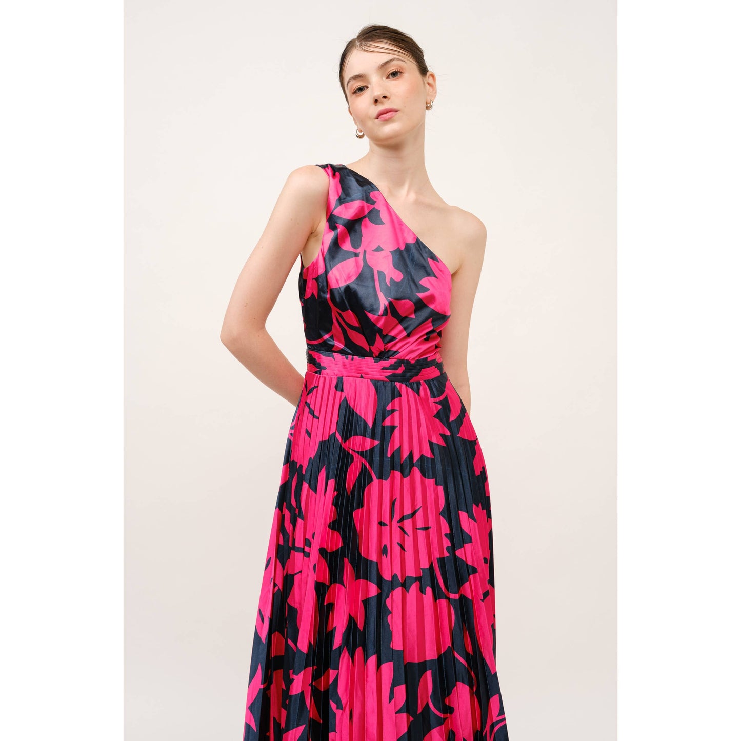 One Shoulder Satin Floral Print Pleated Maxi Dress