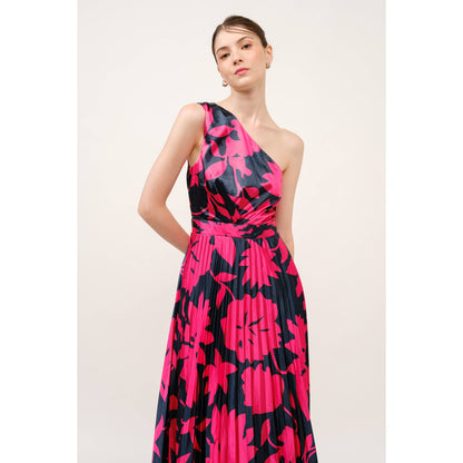 One Shoulder Satin Floral Print Pleated Maxi Dress